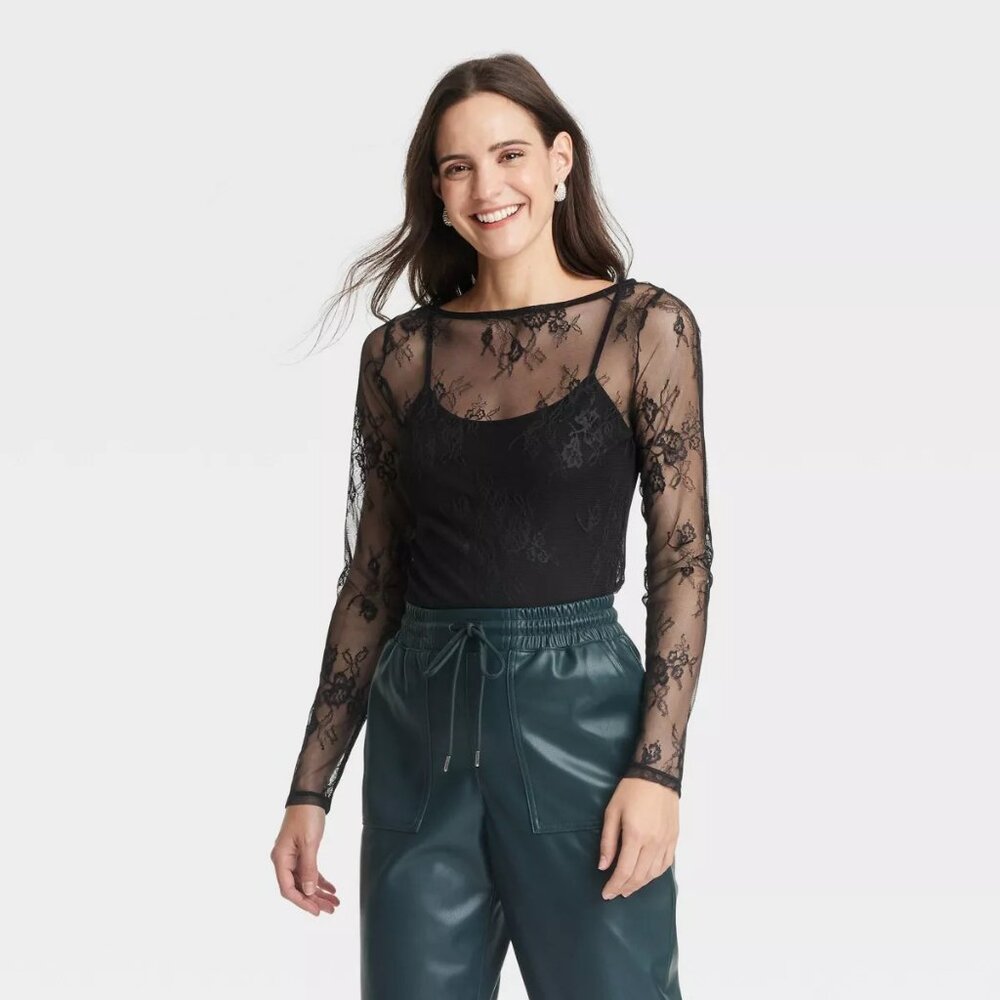 NEW A New Day Women's Slim Fit Long Sleeve Lace Top Black Floral